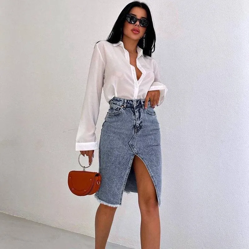 Fashionkova Denim Skirt Midi Women Slim Casual High Waist Sexy Split Knee-length Pencil Skirt Denim Korean Elegant Office Lady