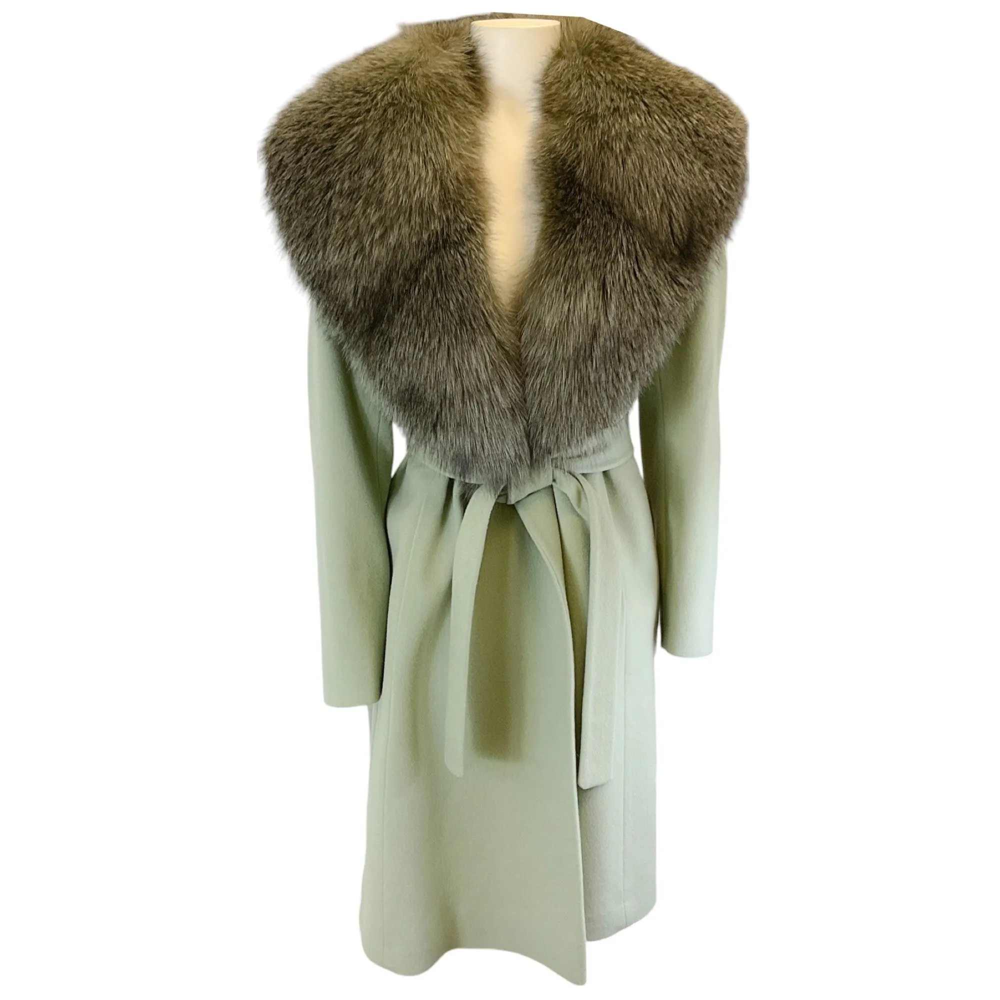 Fleurette Mojito Fox Fur Collared Belted Wool Coat