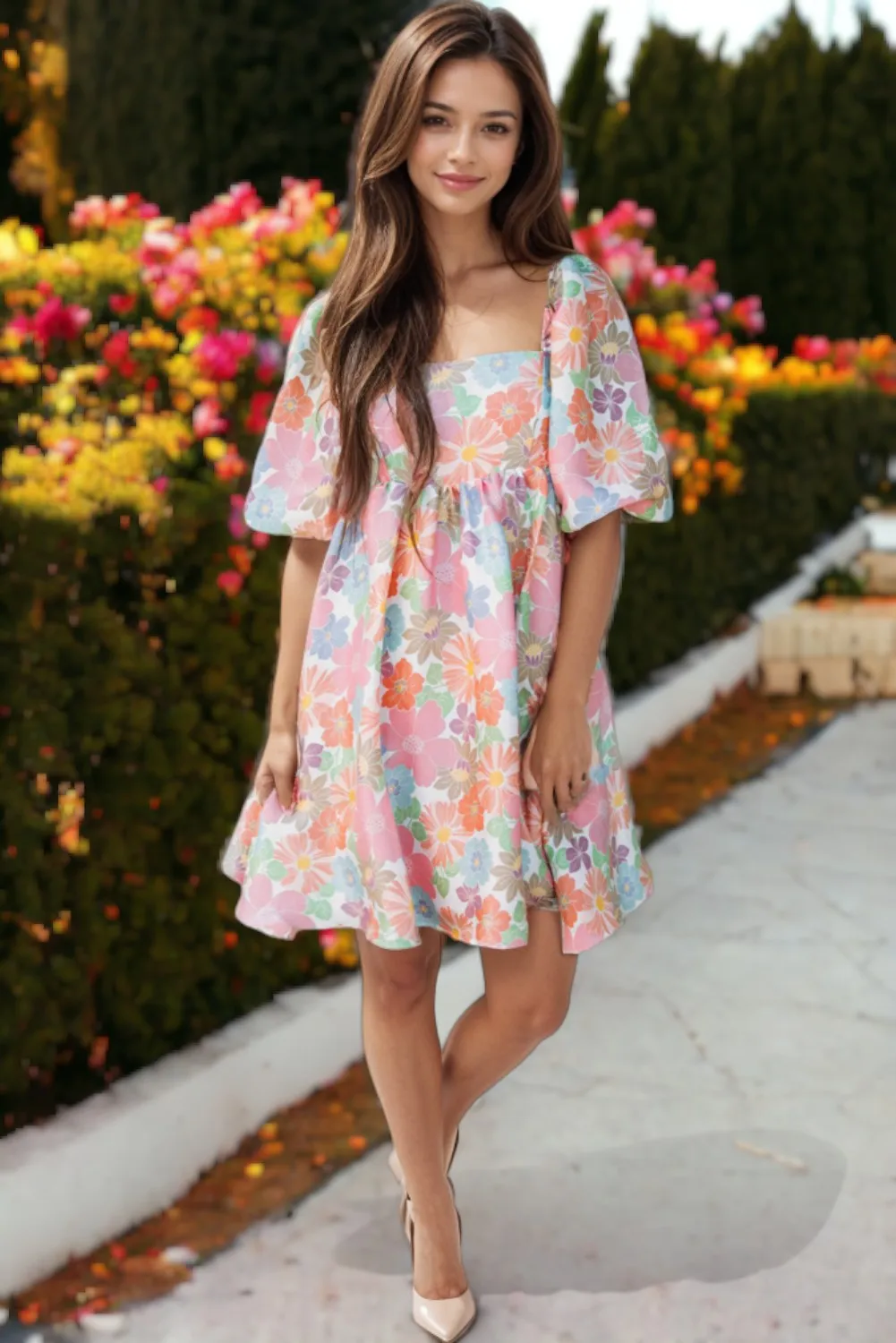 Floral Square Neck Puff Sleeve Babydoll Dress