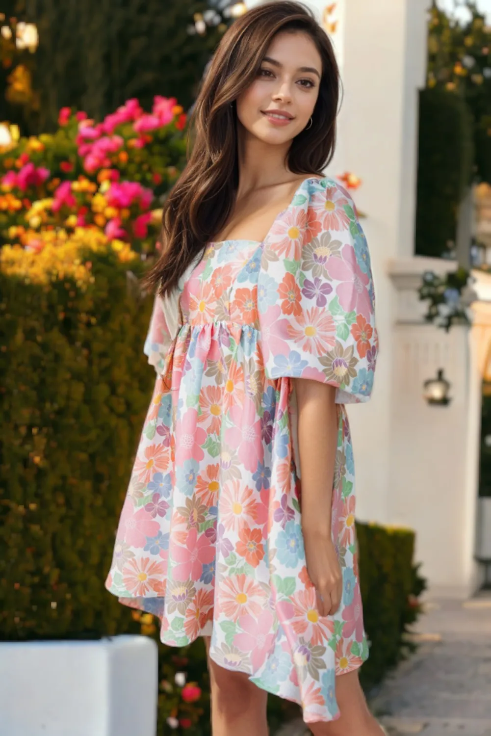 Floral Square Neck Puff Sleeve Babydoll Dress