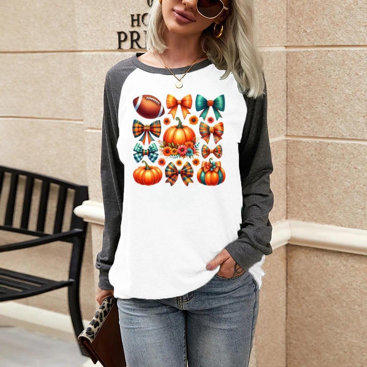 Football, Pumpkins & Bows Long Sleeve Tee