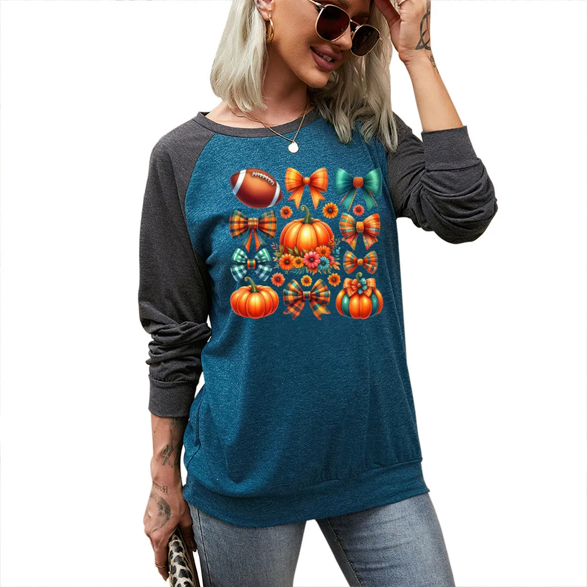 Football, Pumpkins & Bows Long Sleeve Tee