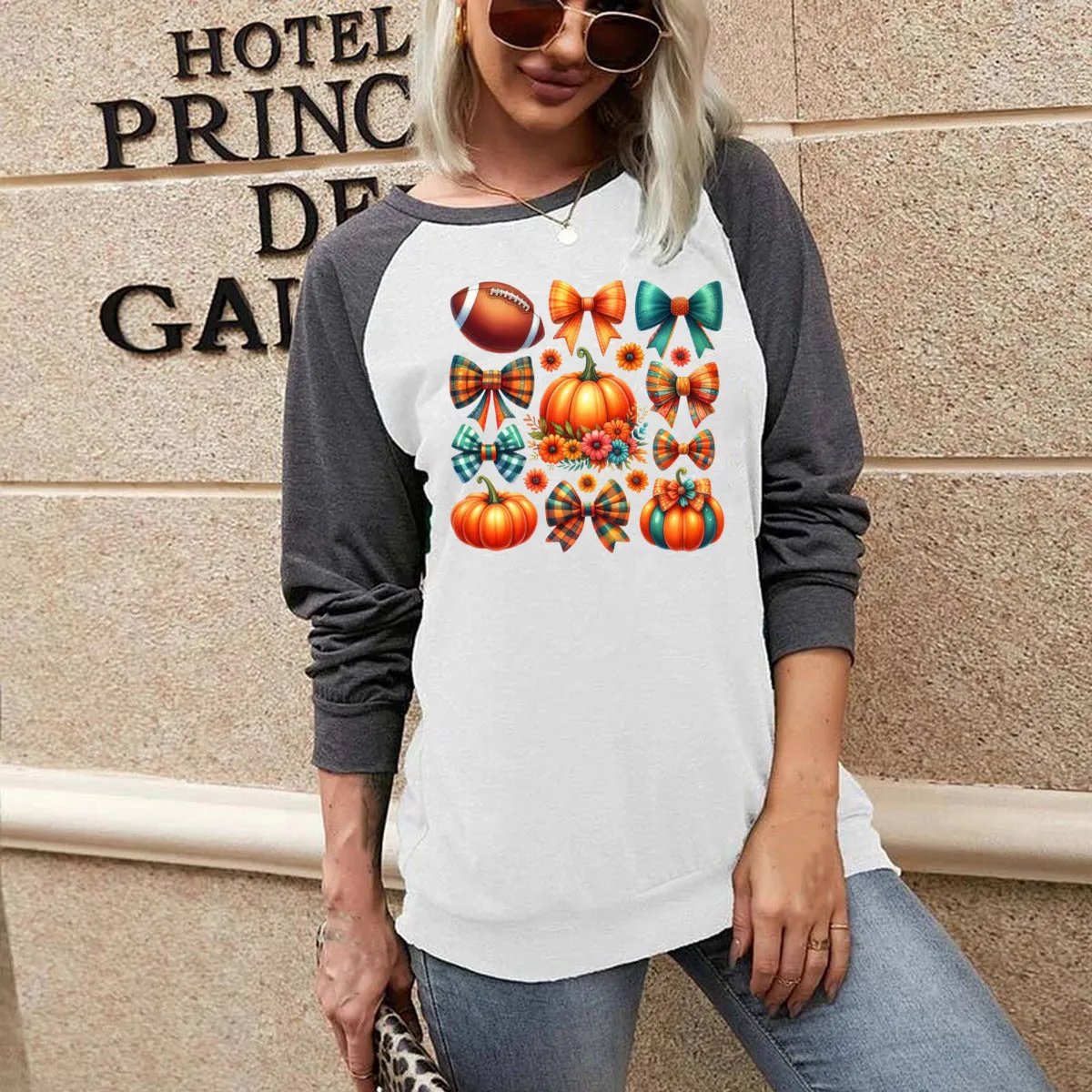 Football, Pumpkins & Bows Long Sleeve Tee