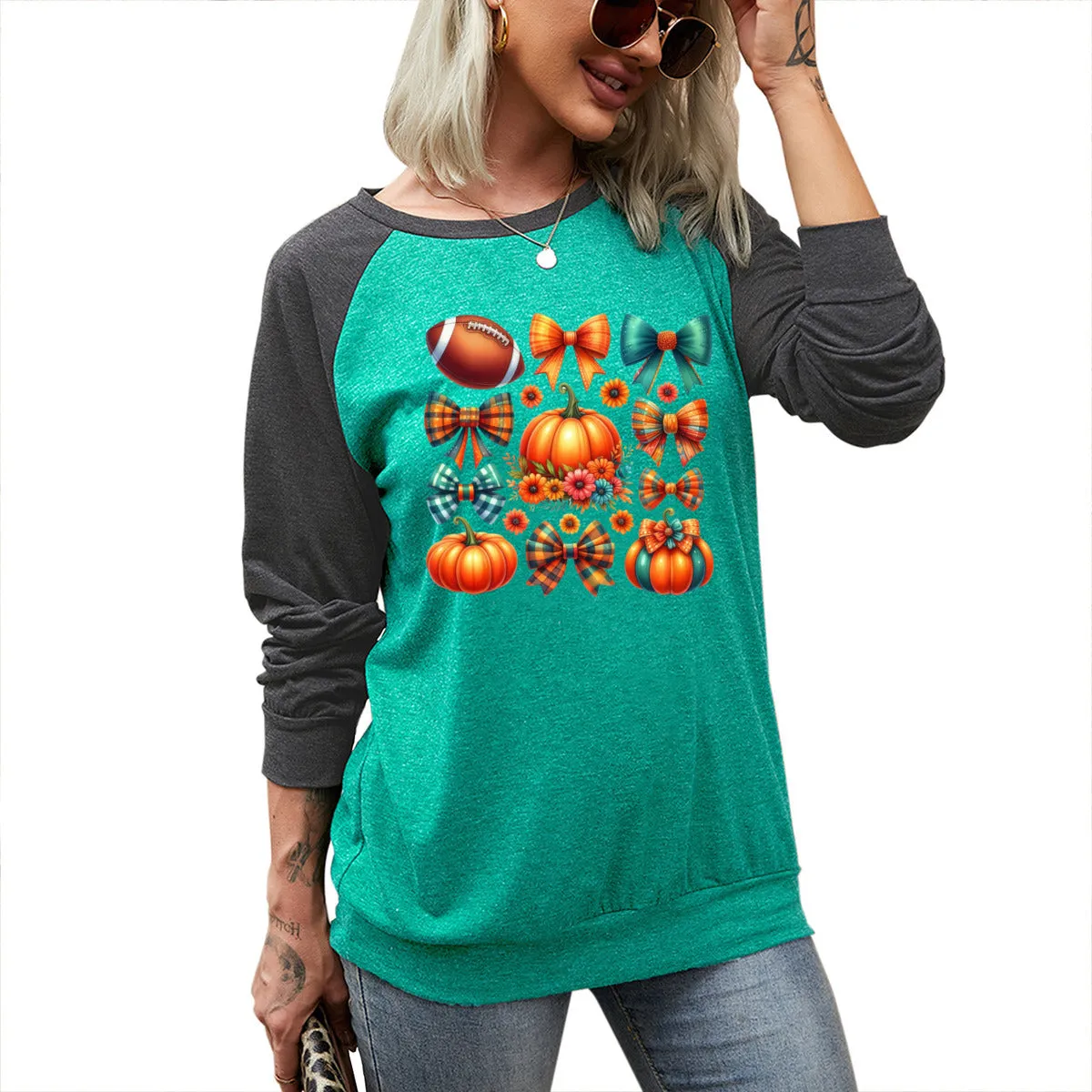 Football, Pumpkins & Bows Long Sleeve Tee