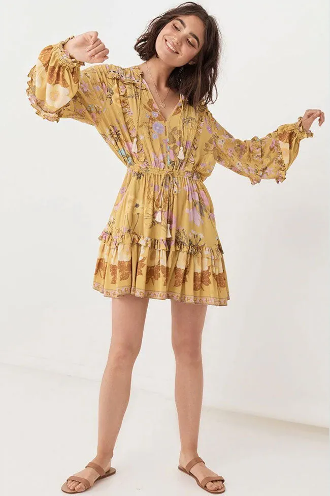 Frilly Long Sleeve Floral Print Mini Beach Vacation Dress - Yellow