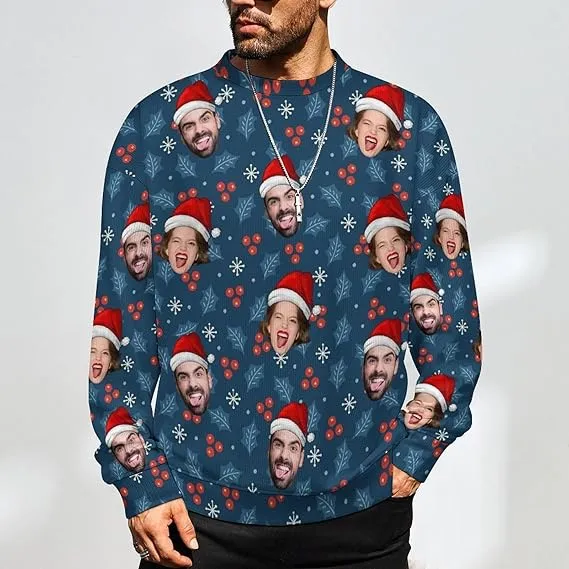 Funny Ugly Christmas Special Custom Face Men's Sweater Personalized Face Sweatshirt for Husband Father Boyfriend Red Black Stripes Snowflake