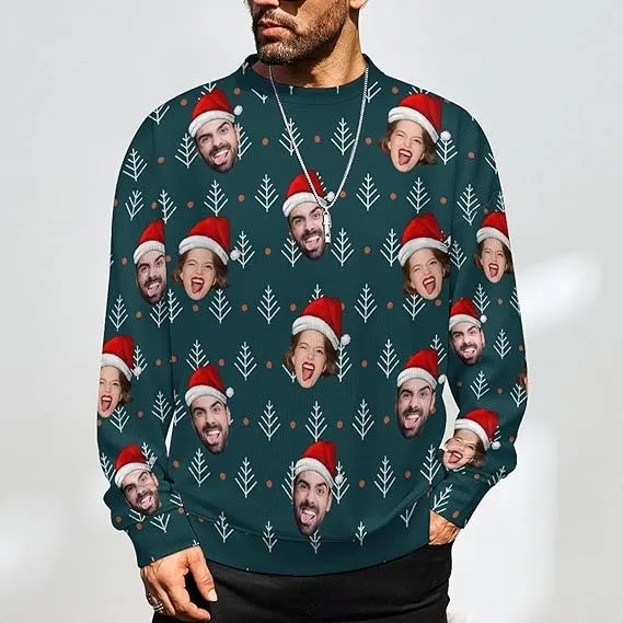 Funny Ugly Christmas Special Custom Face Men's Sweater Personalized Face Sweatshirt for Husband Father Boyfriend Red Black Stripes Snowflake