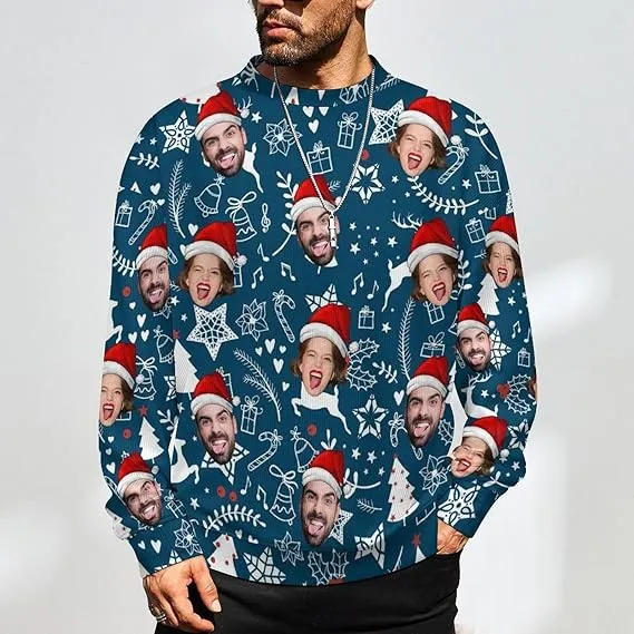 Funny Ugly Christmas Special Custom Face Men's Sweater Personalized Face Sweatshirt for Husband Father Boyfriend Red Black Stripes Snowflake