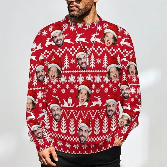 Funny Ugly Christmas Special Custom Face Men's Sweater Personalized Face Sweatshirt for Husband Father Boyfriend Red Black Stripes Snowflake