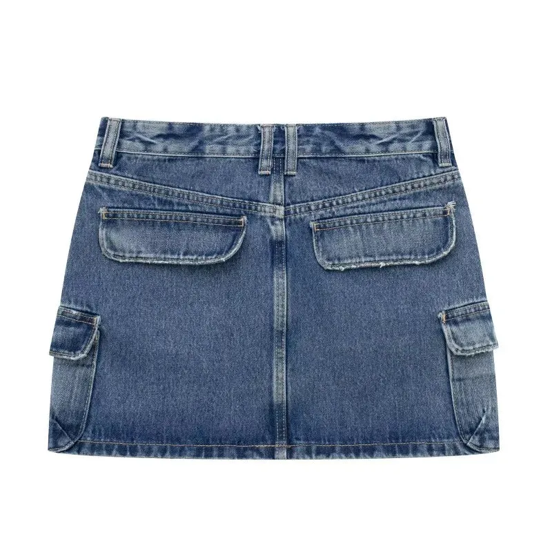 Girlary Faldas Vintage Multi Pocket Mini Denim Skirt Women Y2K Streetwear High Waist Casual Fashion 2024 Summer Slim Pencil Skirt Sexy