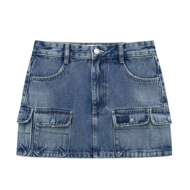 Girlary Faldas Vintage Multi Pocket Mini Denim Skirt Women Y2K Streetwear High Waist Casual Fashion 2024 Summer Slim Pencil Skirt Sexy