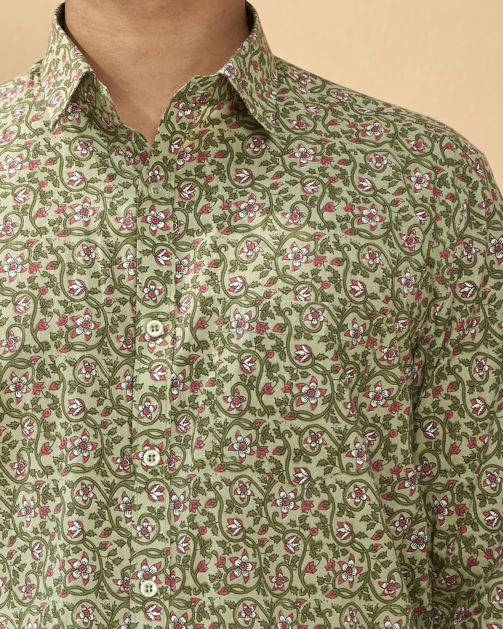 Green Full Sleeve Cotton Hand Block Printed Men's Shirt