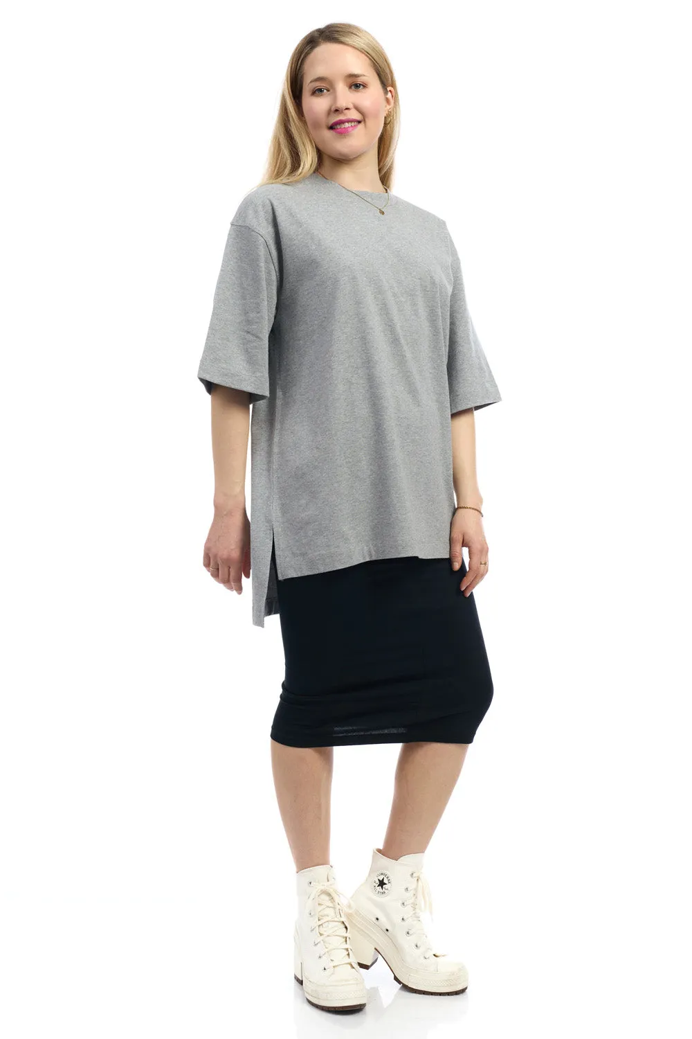 Grey 3/4 Sleeve Cotton Oversized Tunic T-shirt