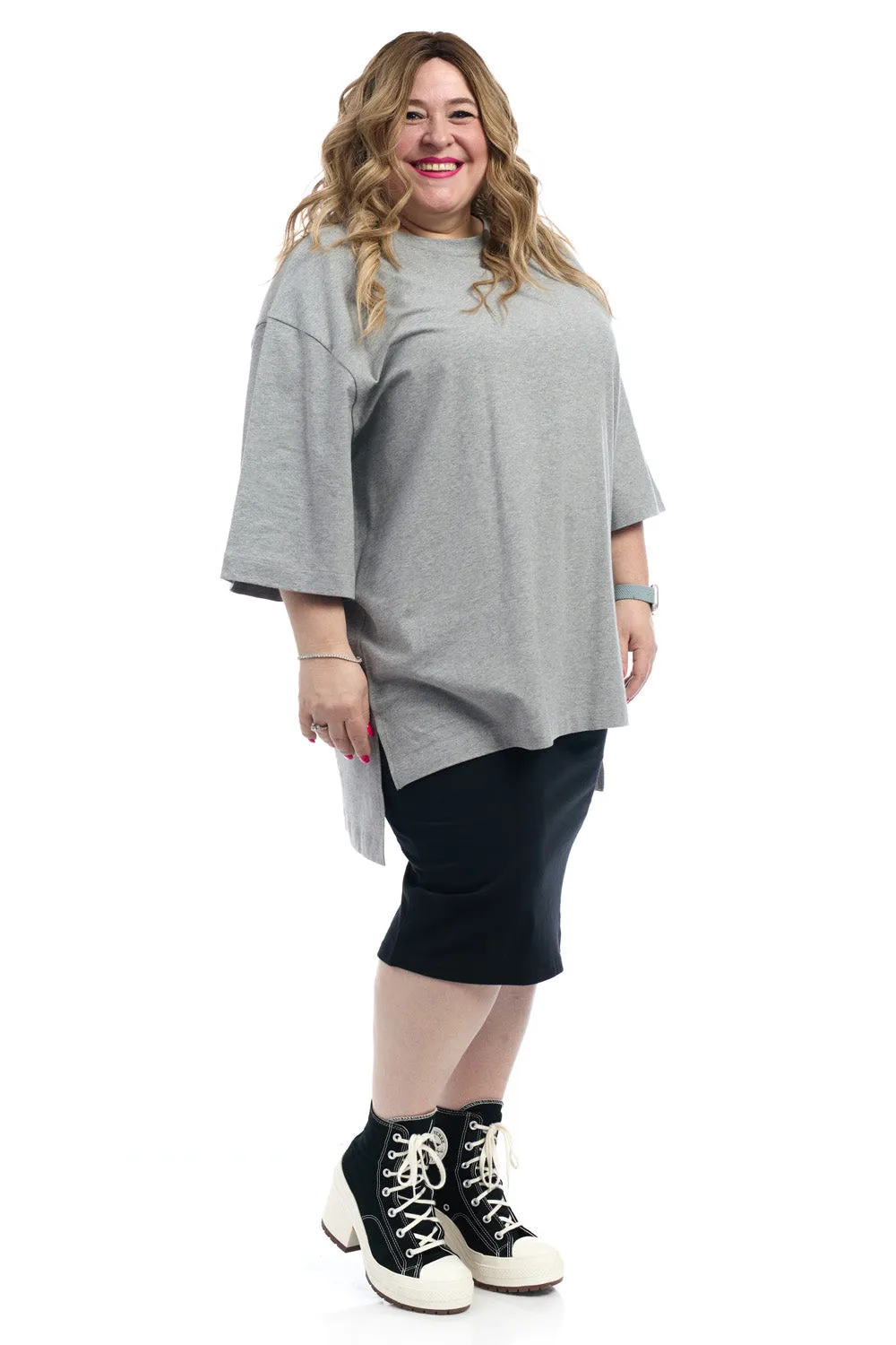 Grey 3/4 Sleeve Cotton Oversized Tunic T-shirt