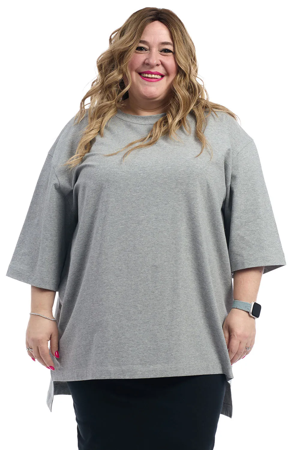 Grey 3/4 Sleeve Cotton Oversized Tunic T-shirt