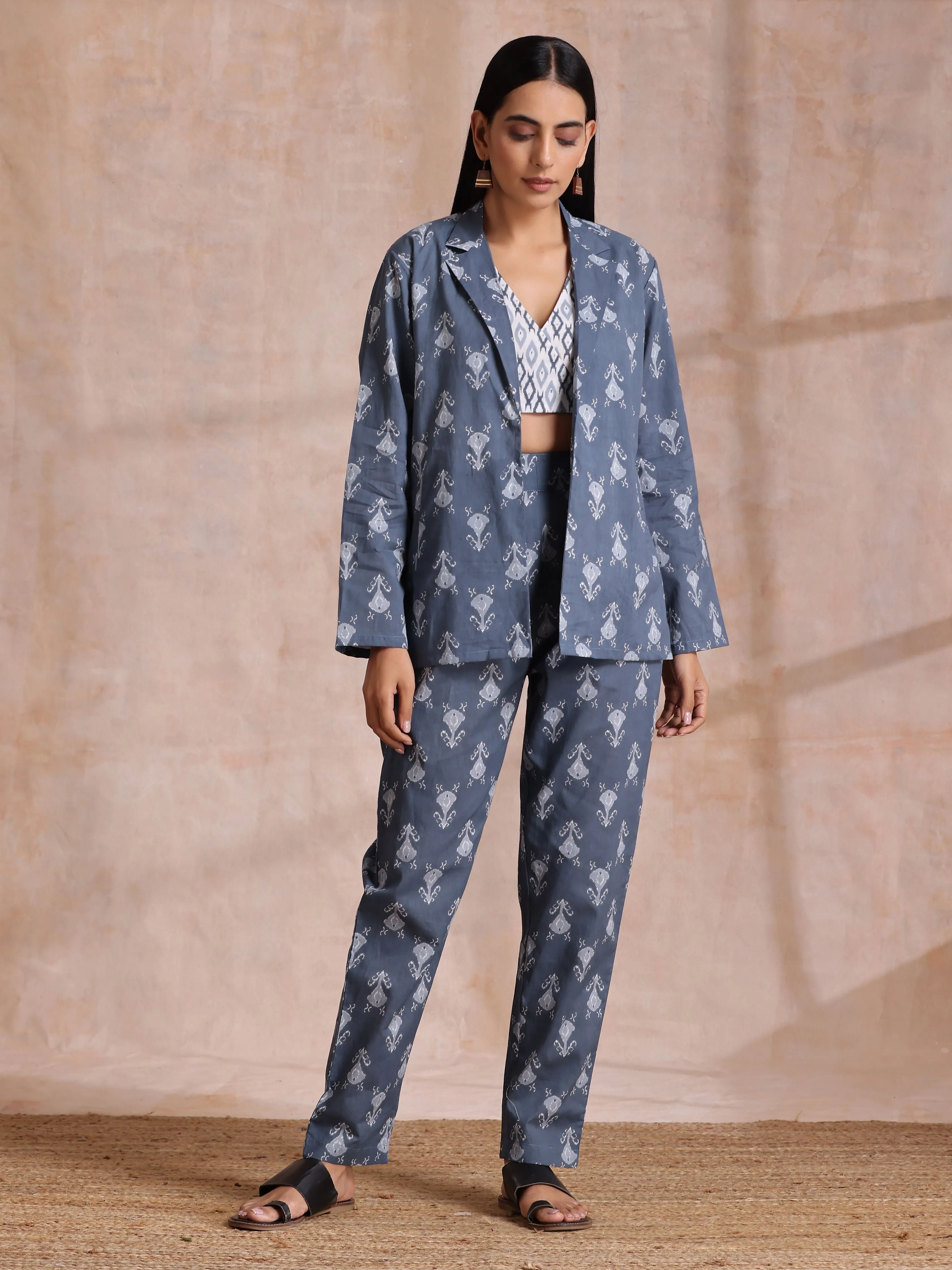 Grey On Grey Ikat Print Cotton Pant Suit Set