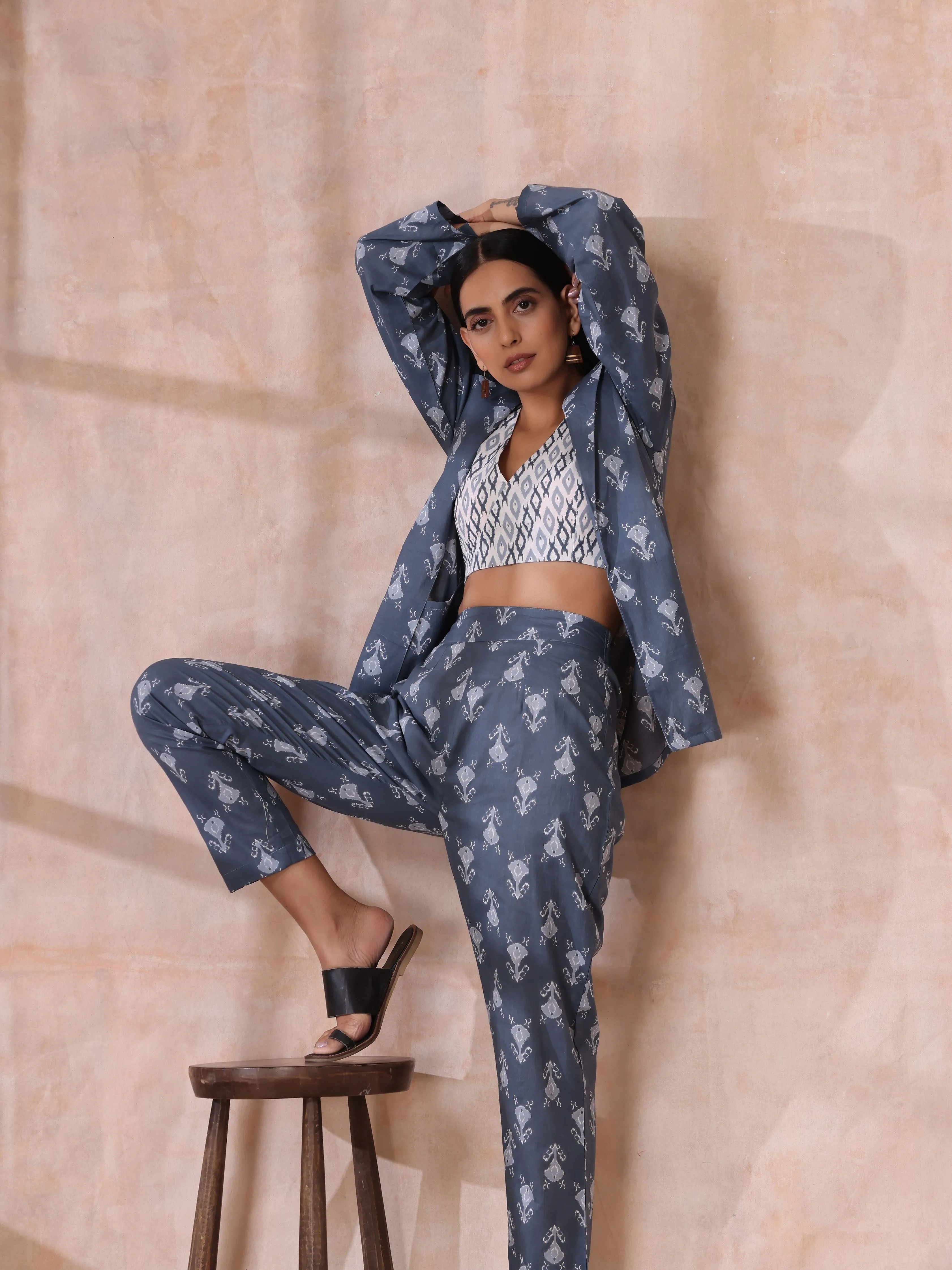 Grey On Grey Ikat Print Cotton Pant Suit Set