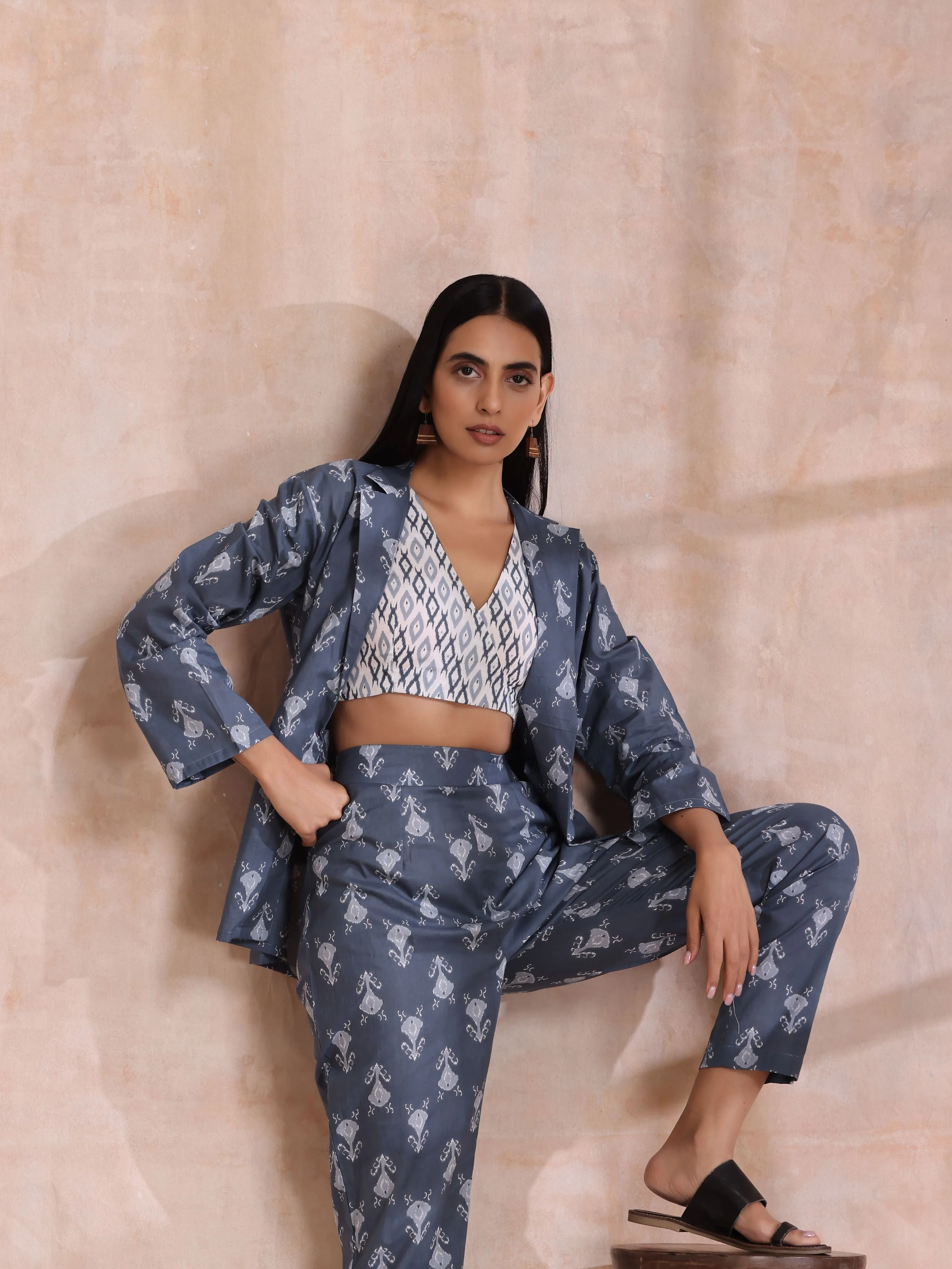 Grey On Grey Ikat Print Cotton Pant Suit Set