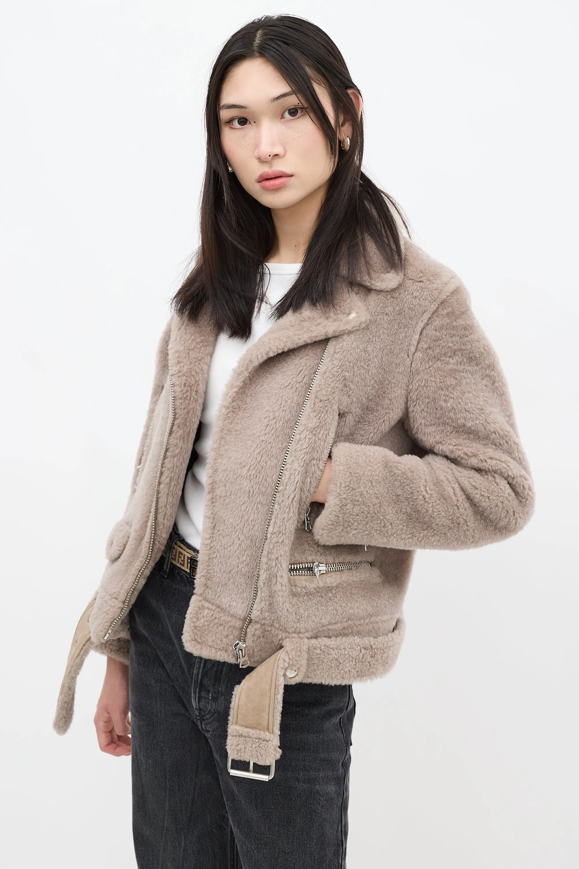 Grey Shearling Moto Jacket