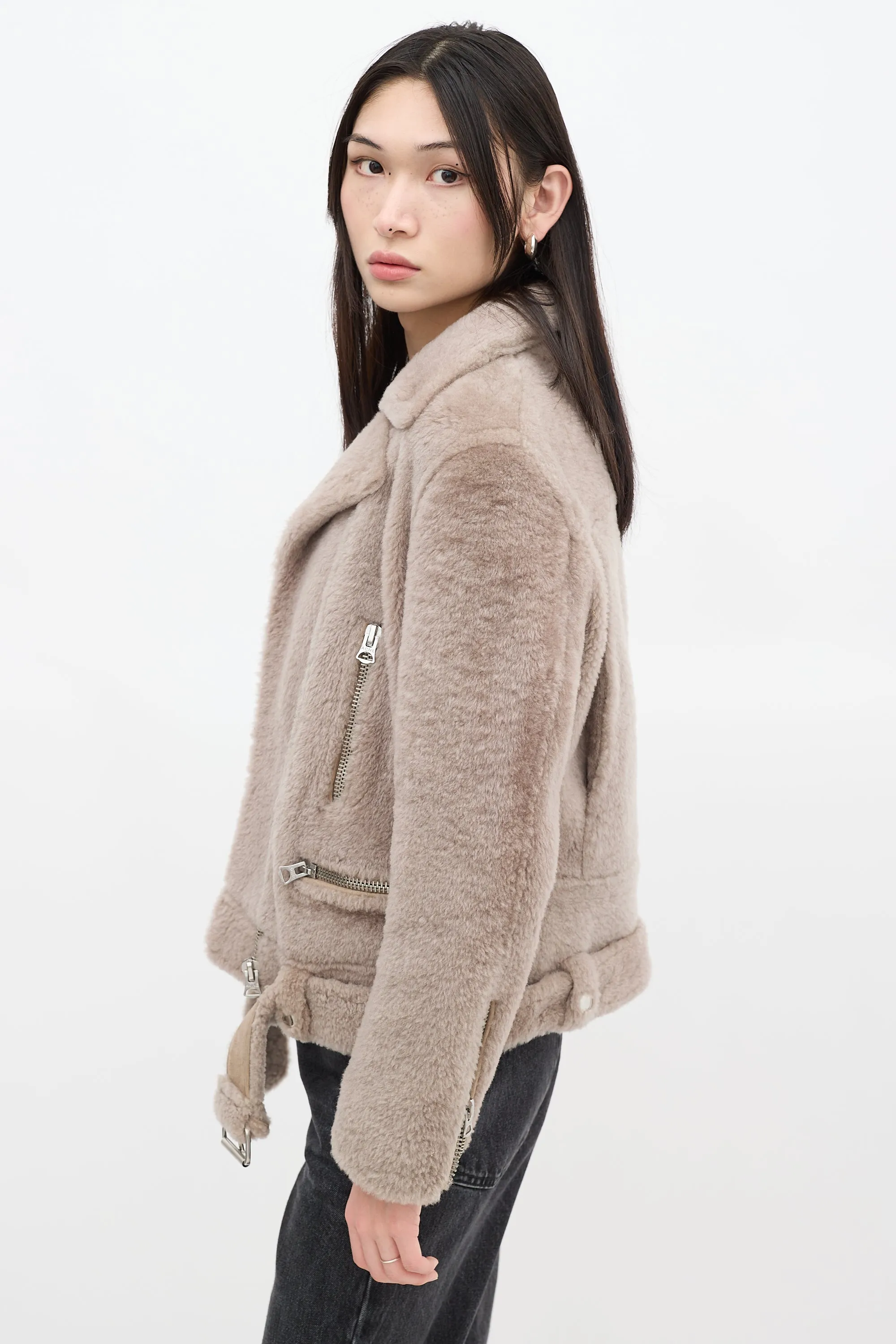 Grey Shearling Moto Jacket