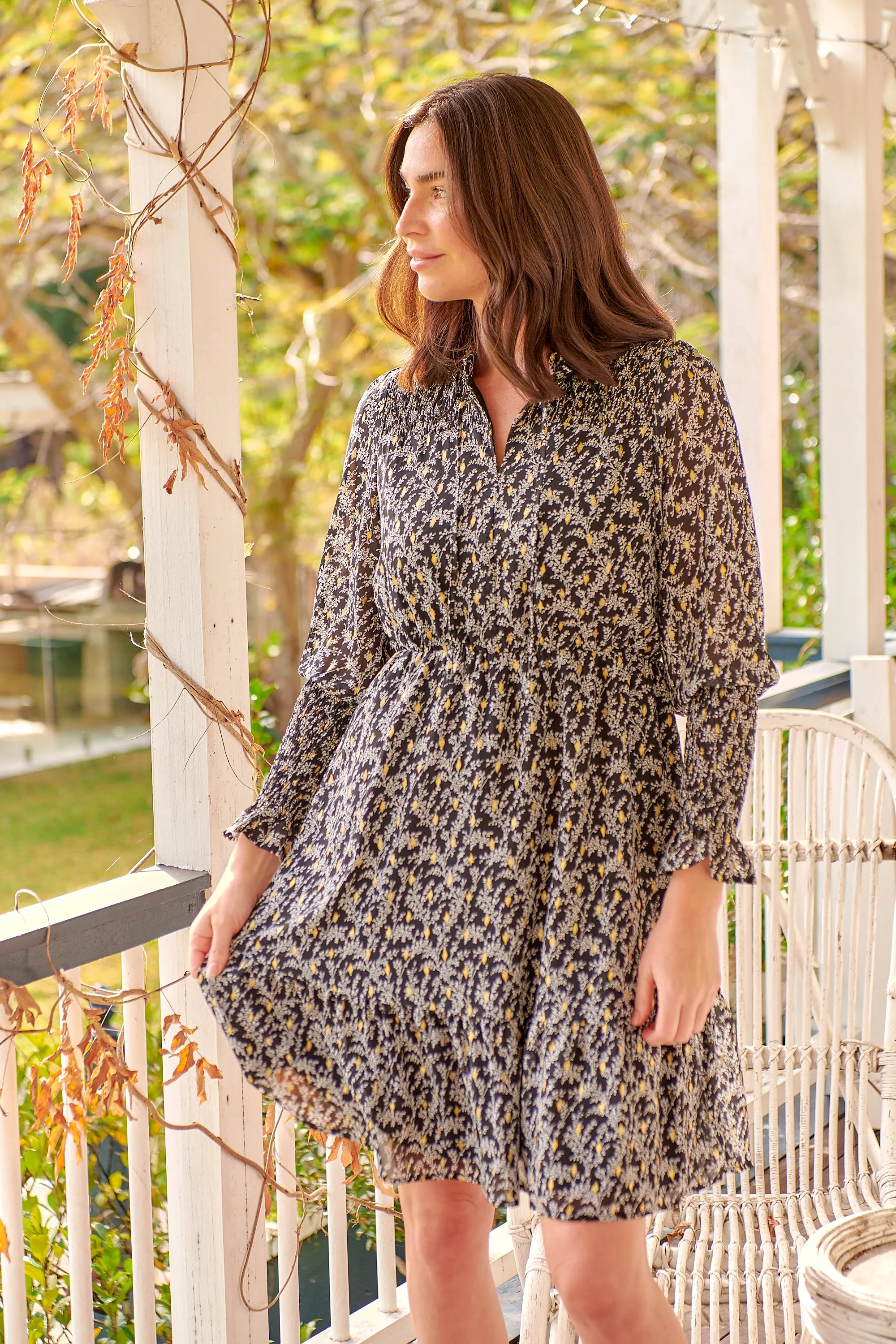 Hannah Black and Gold Print Chiffon Long Sleeve Dress