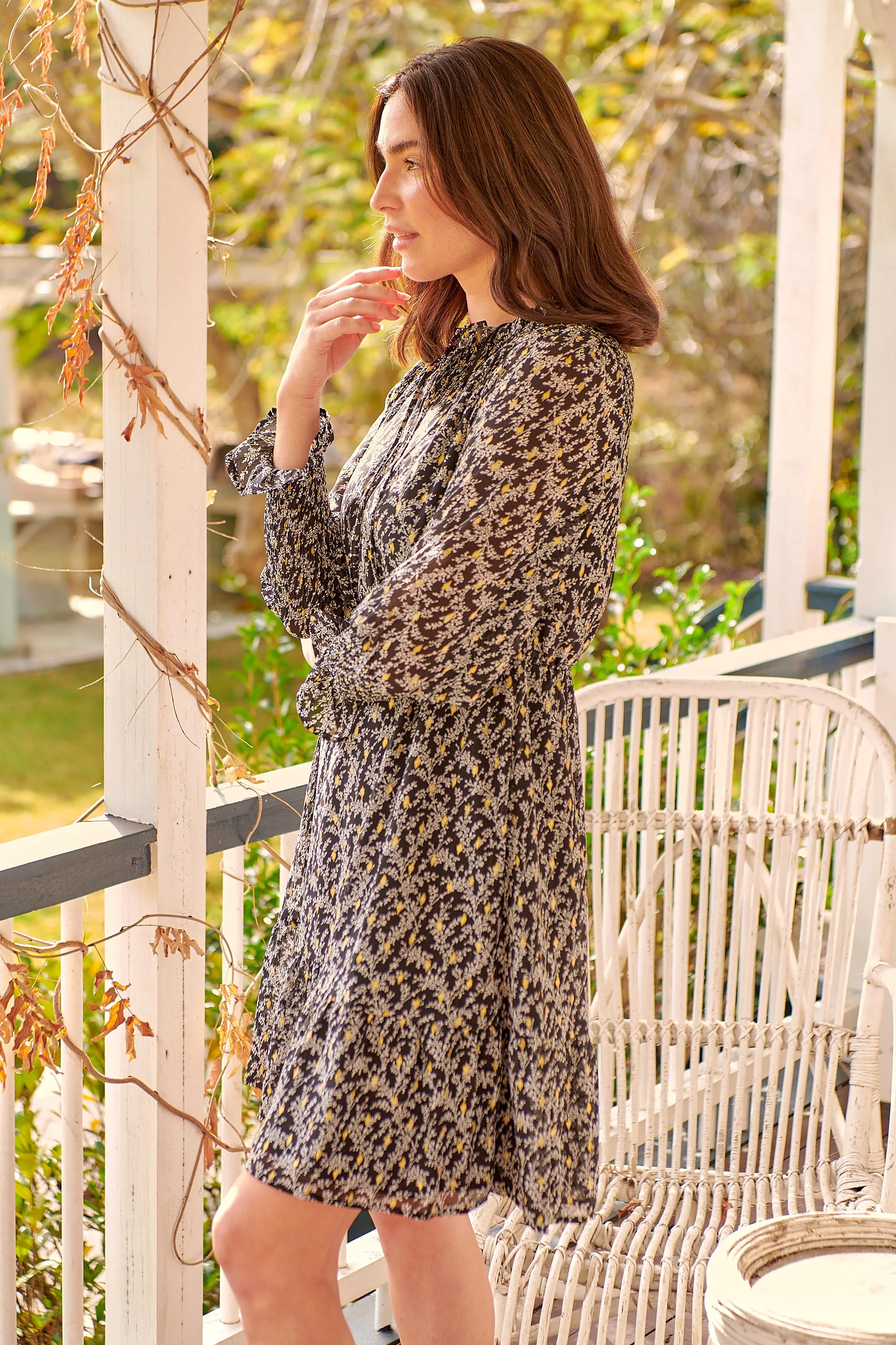 Hannah Black and Gold Print Chiffon Long Sleeve Dress