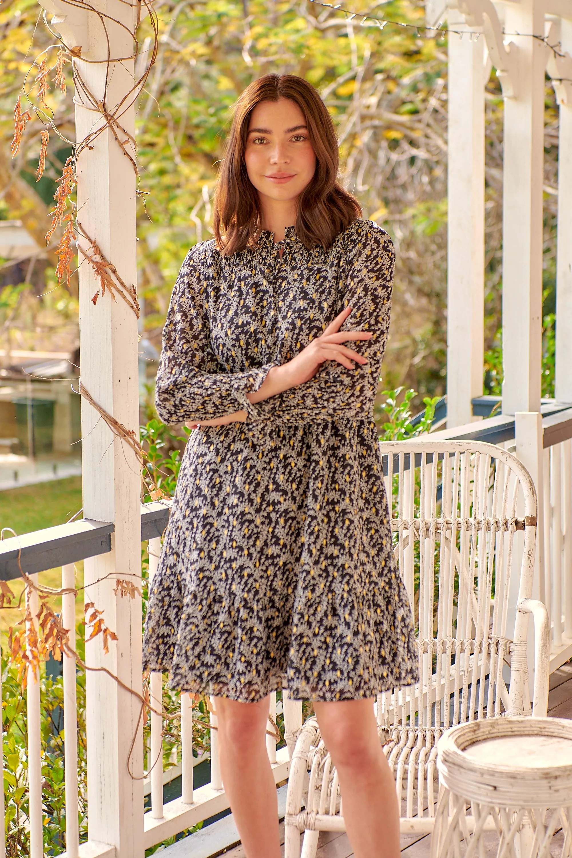 Hannah Black and Gold Print Chiffon Long Sleeve Dress