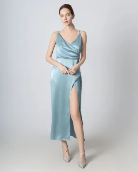 High Slit Cowl V-neck Maxi Silk Dress