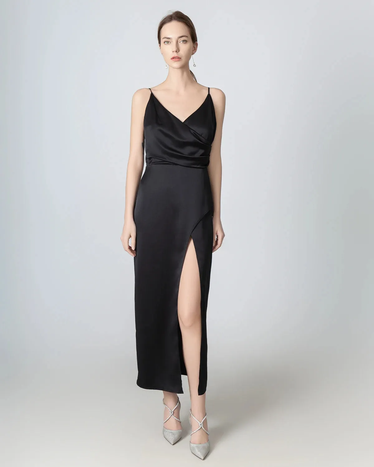 High Slit Cowl V-neck Maxi Silk Dress