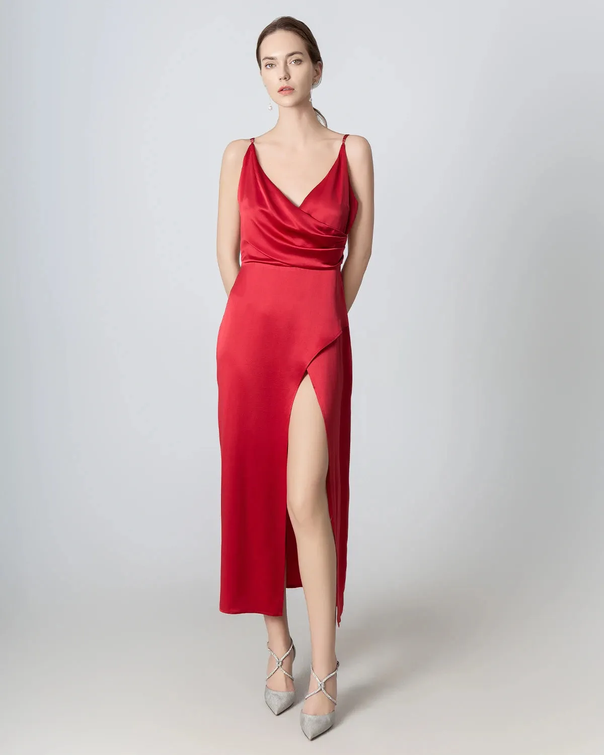 High Slit Cowl V-neck Maxi Silk Dress