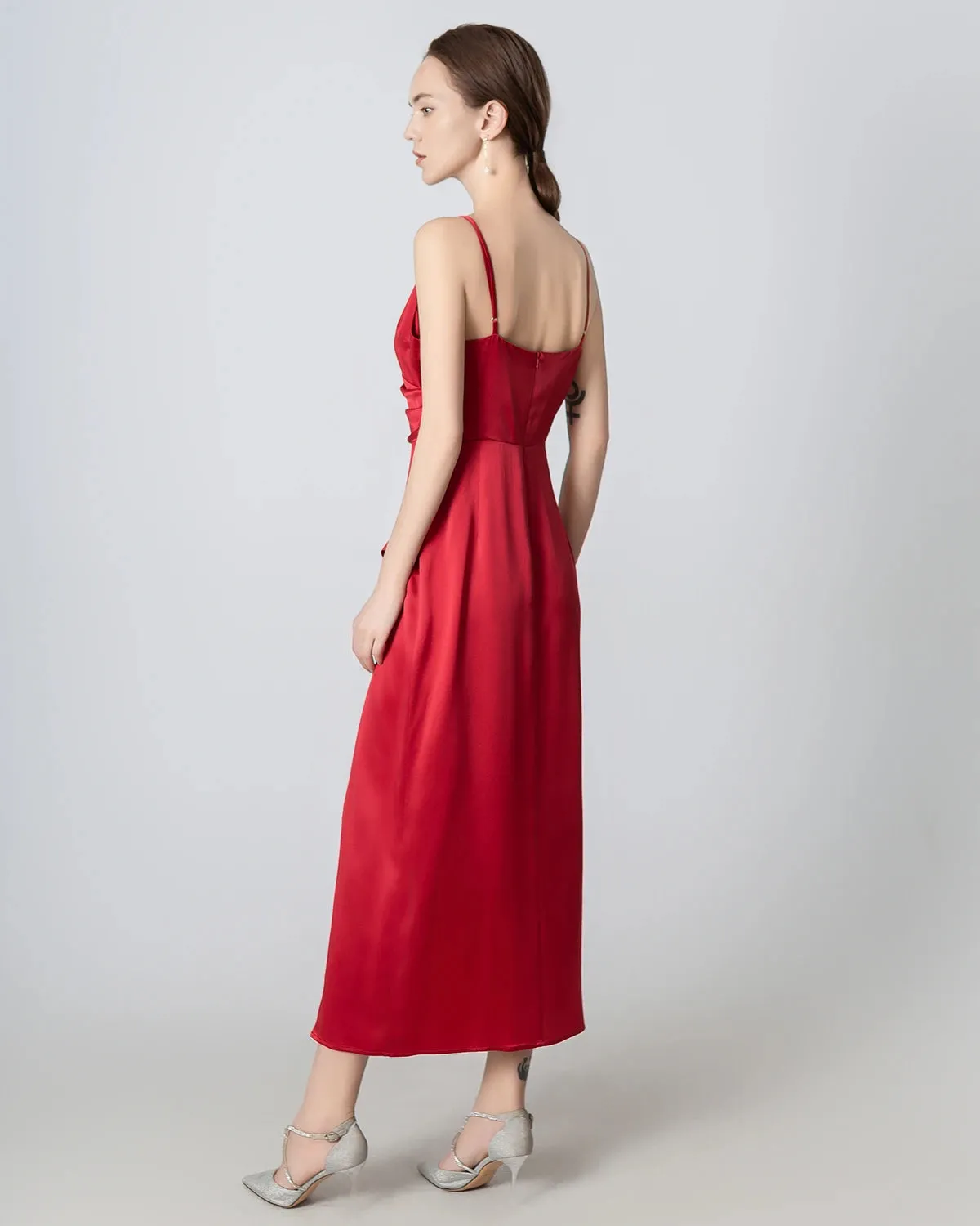 High Slit Cowl V-neck Maxi Silk Dress