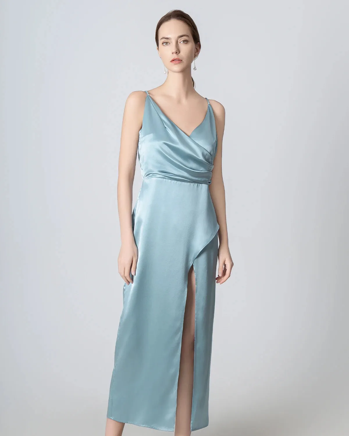 High Slit Cowl V-neck Maxi Silk Dress