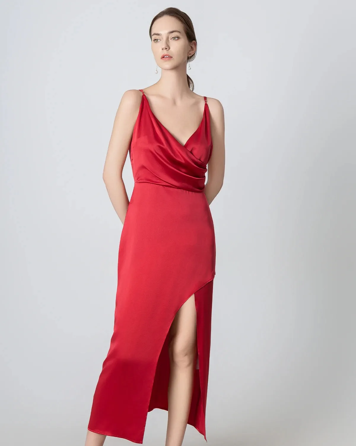 High Slit Cowl V-neck Maxi Silk Dress