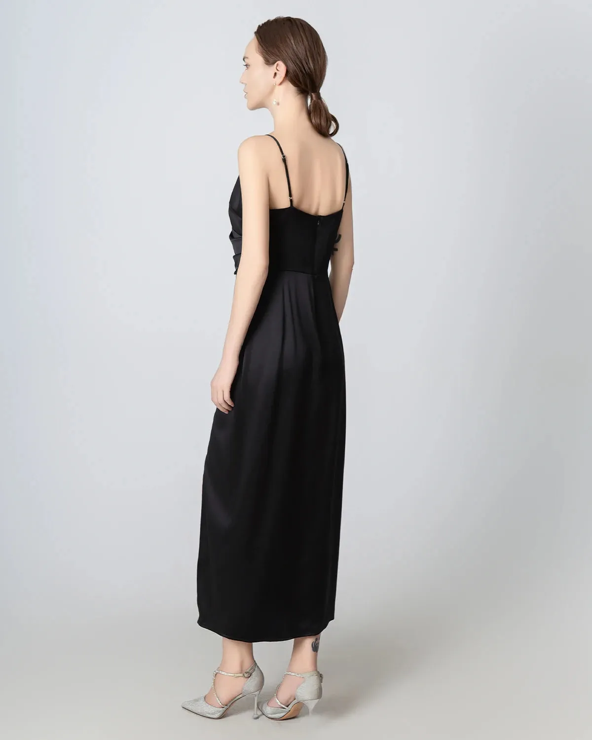 High Slit Cowl V-neck Maxi Silk Dress