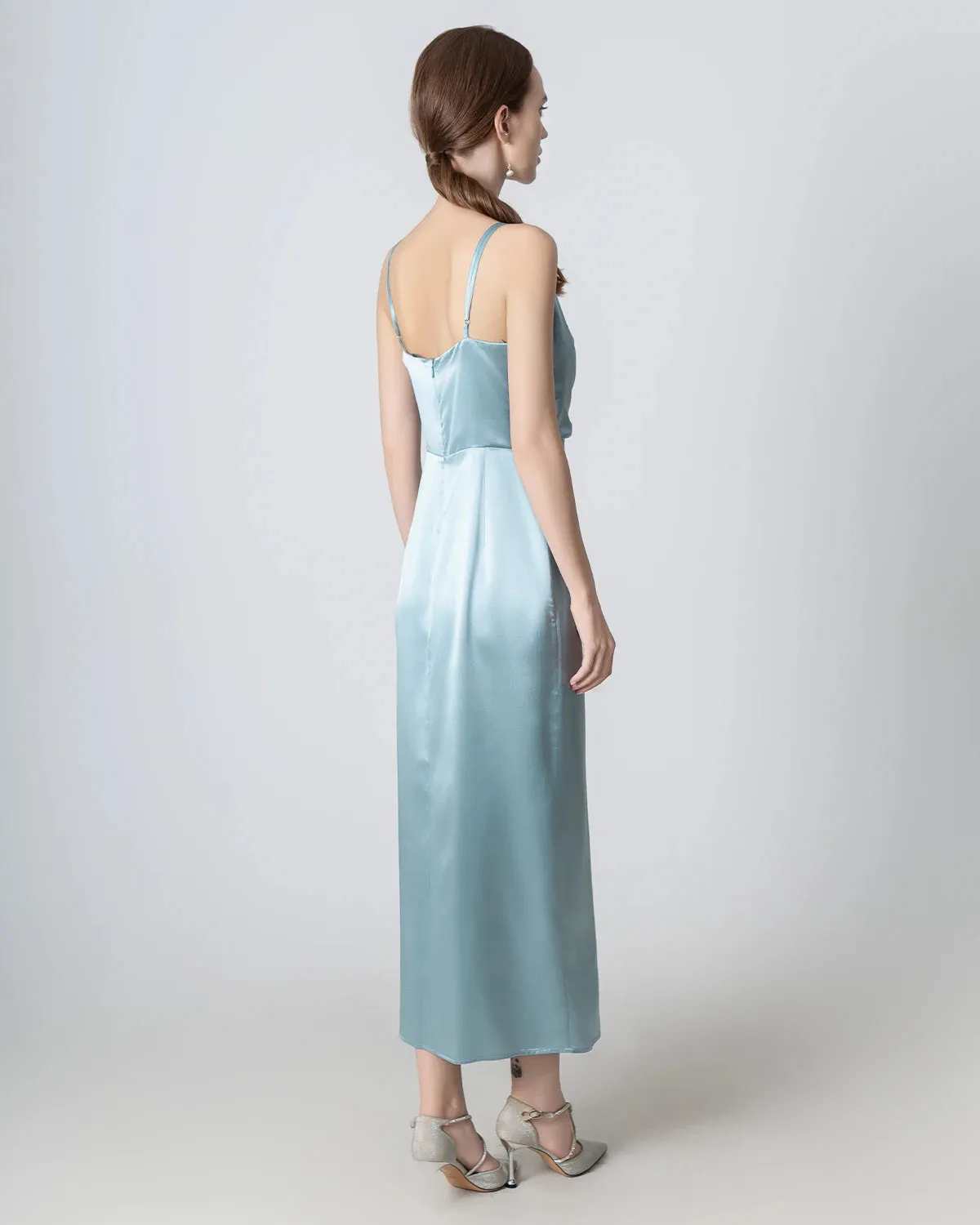 High Slit Cowl V-neck Maxi Silk Dress