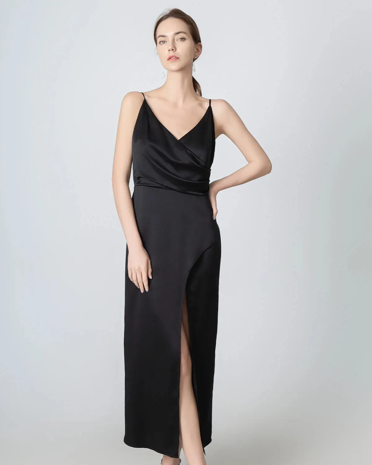 High Slit Cowl V-neck Maxi Silk Dress