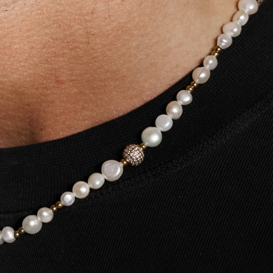 Iced Beaded Real Pearl Necklace (Silver)