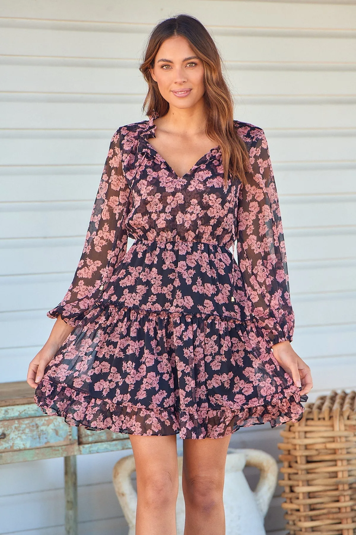 Jane Black/Pink Floral Chiffon Long Sleeve Dress