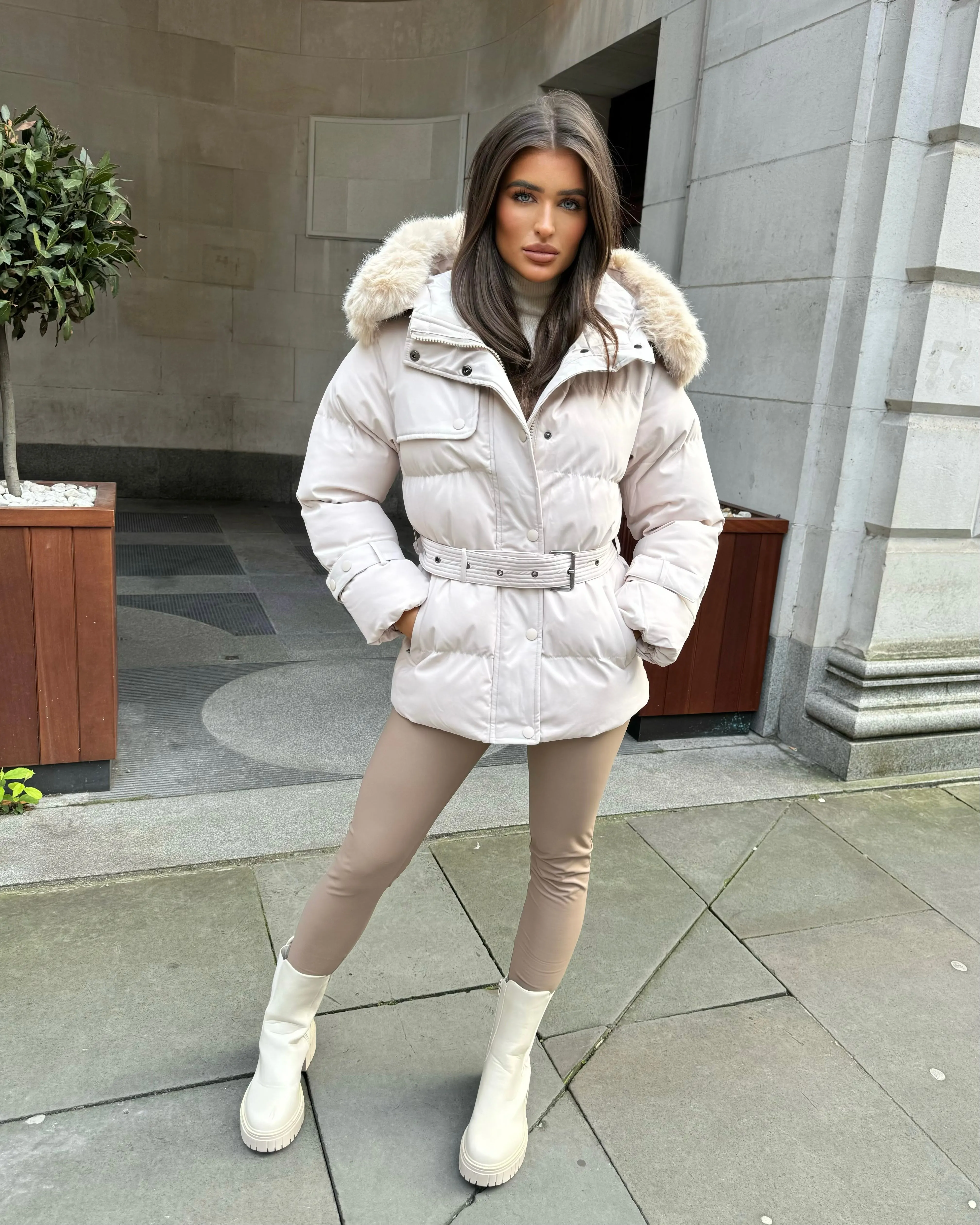 Kelsey Padded Faux Fur Hooded Coat - Beige