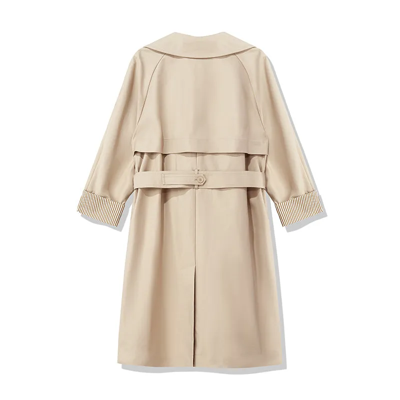 Khaki Striped Women Trench Coat With Belt