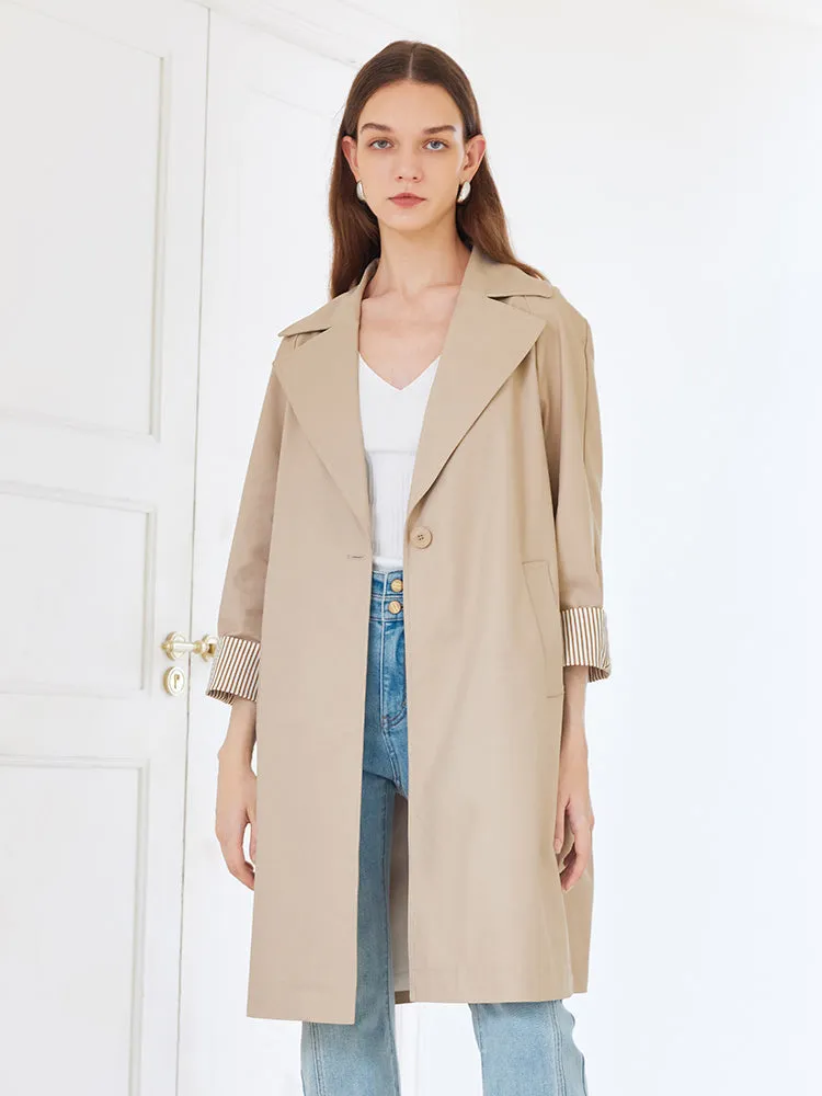 Khaki Striped Women Trench Coat With Belt