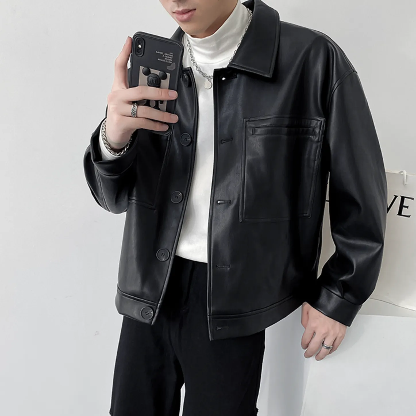 [Korean Style] 2 Colors Single Breasted Leather Jackets