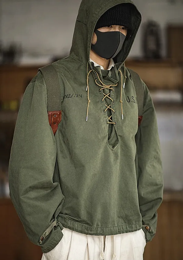 Maden male Hooded Pullover Long Sleeve Deck Parker Jacket Drawstring Neckline Workwear Jacket Green Cuffs Ribbon Closure Jacket