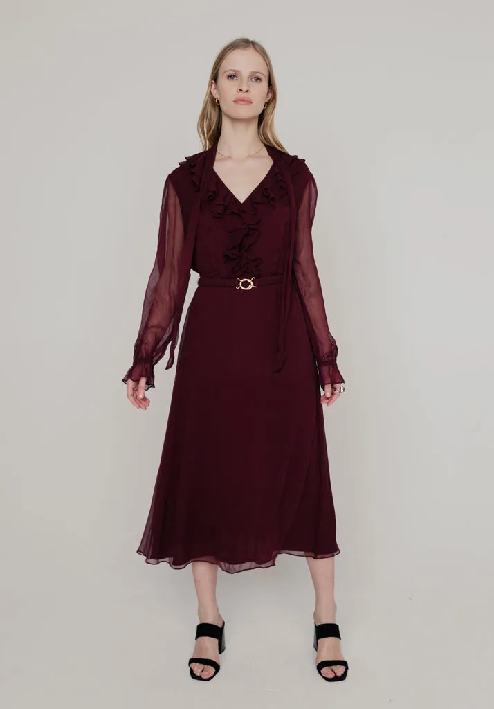 Margot Ruffle Neck Midi Dress In Burgundy