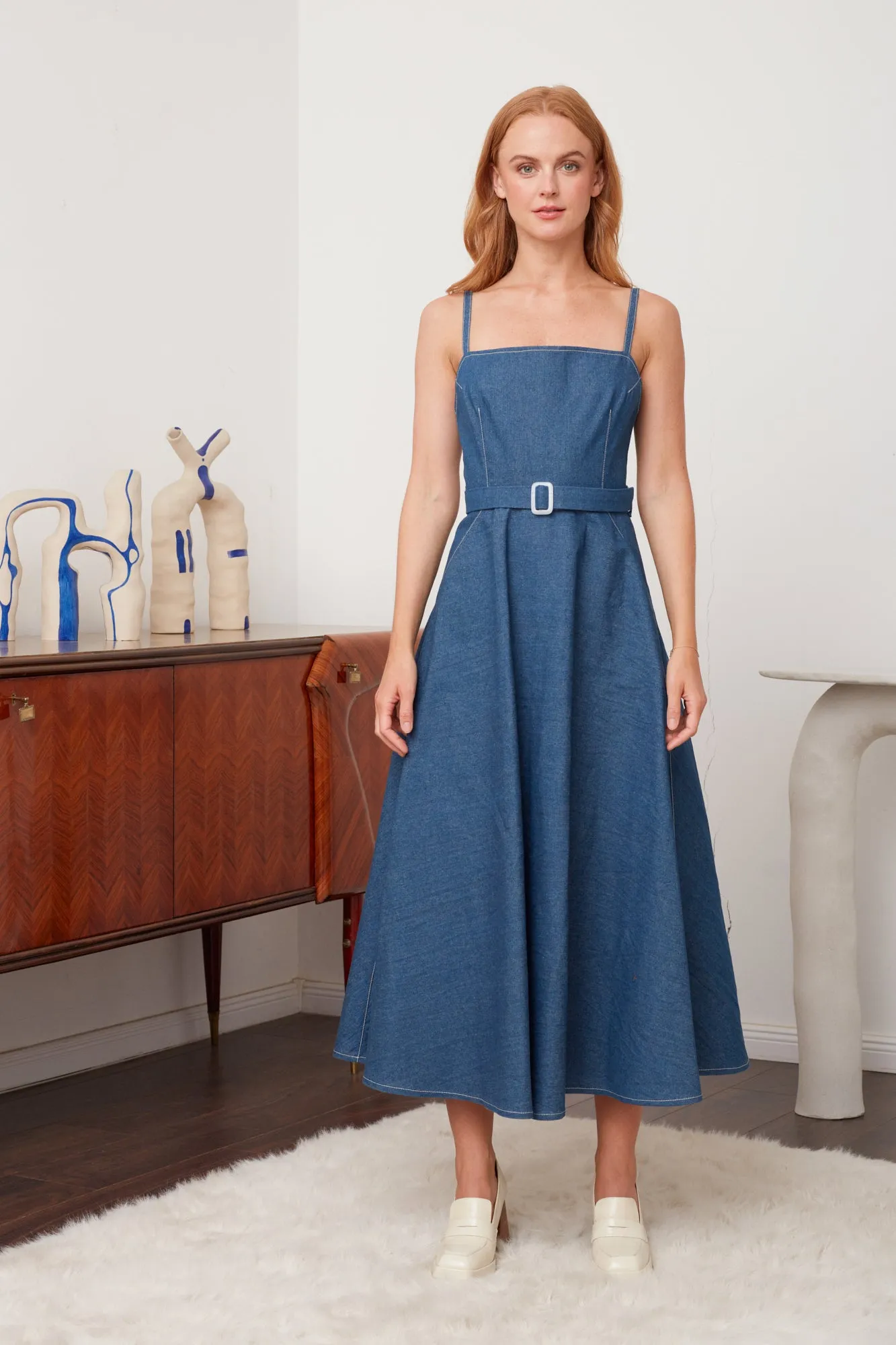 MATISSA blue denim dress with retro circle skirt