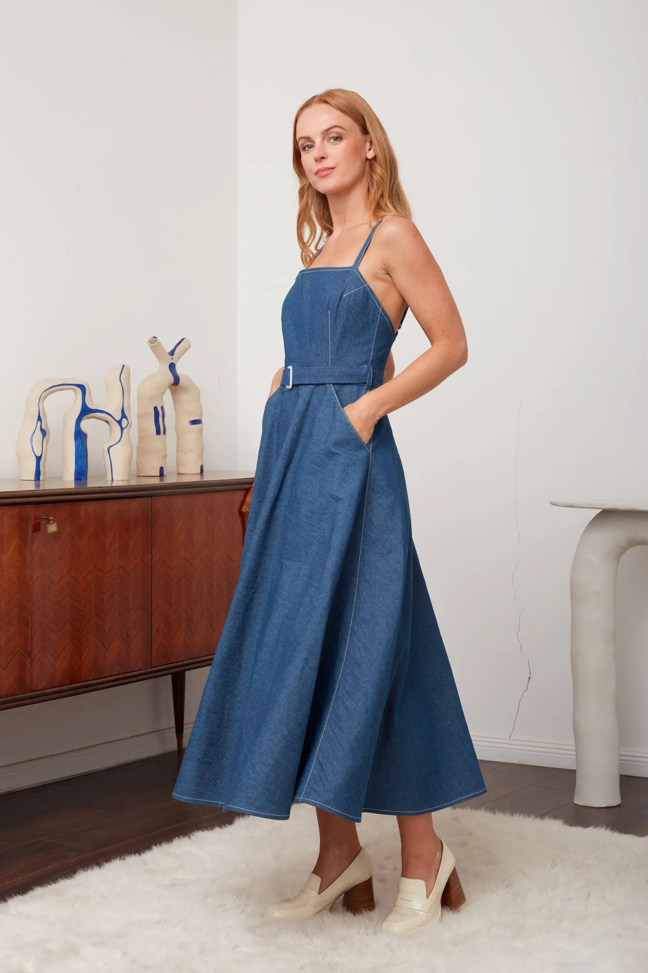 MATISSA blue denim dress with retro circle skirt