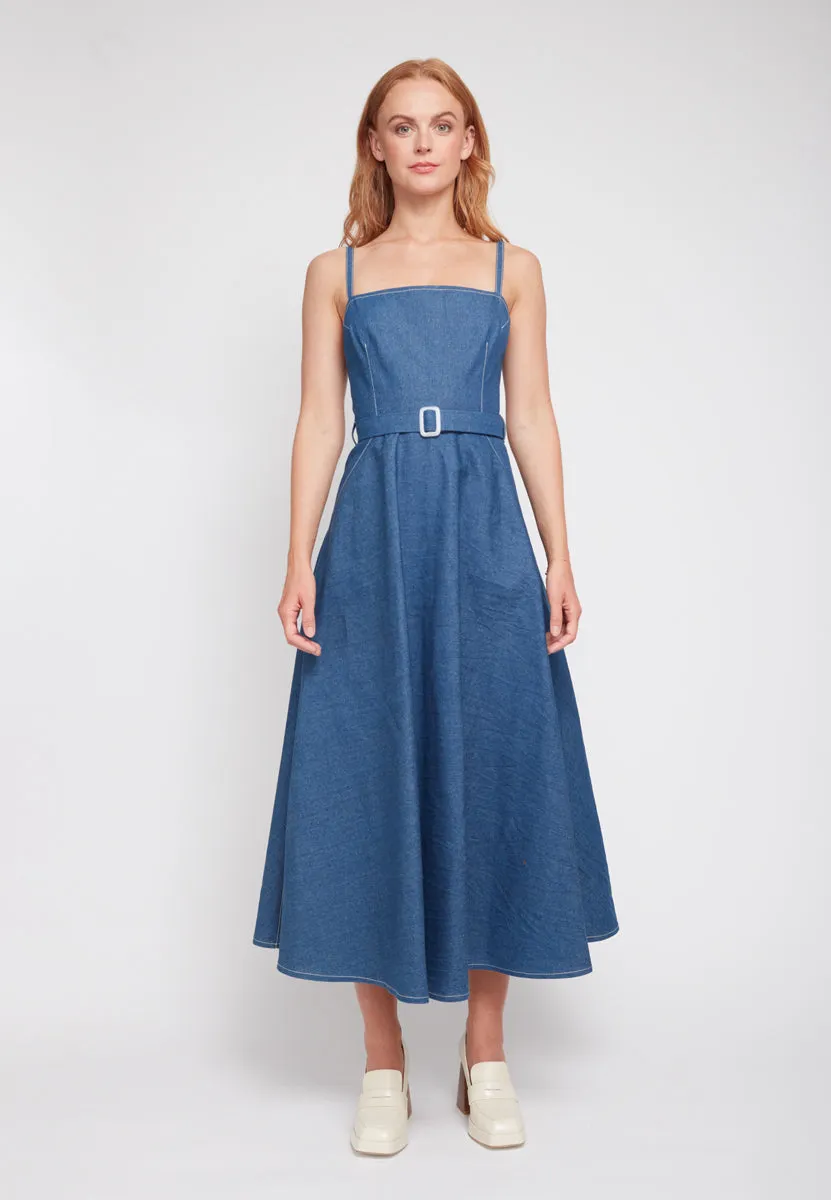 MATISSA blue denim dress with retro circle skirt