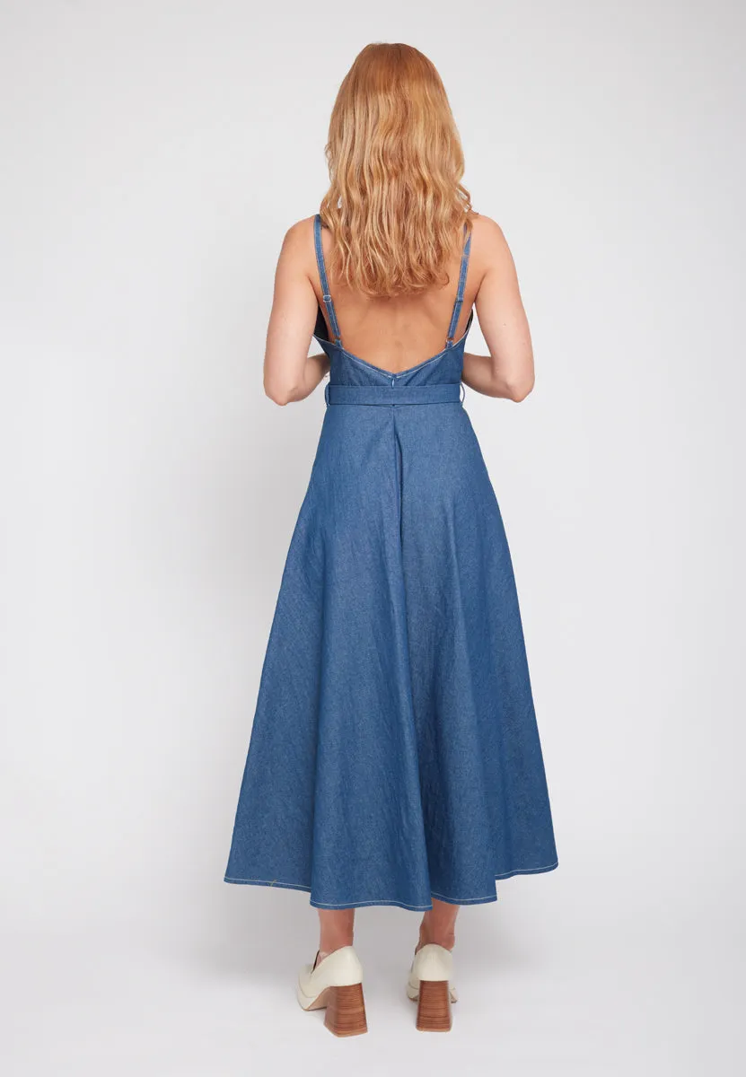 MATISSA blue denim dress with retro circle skirt