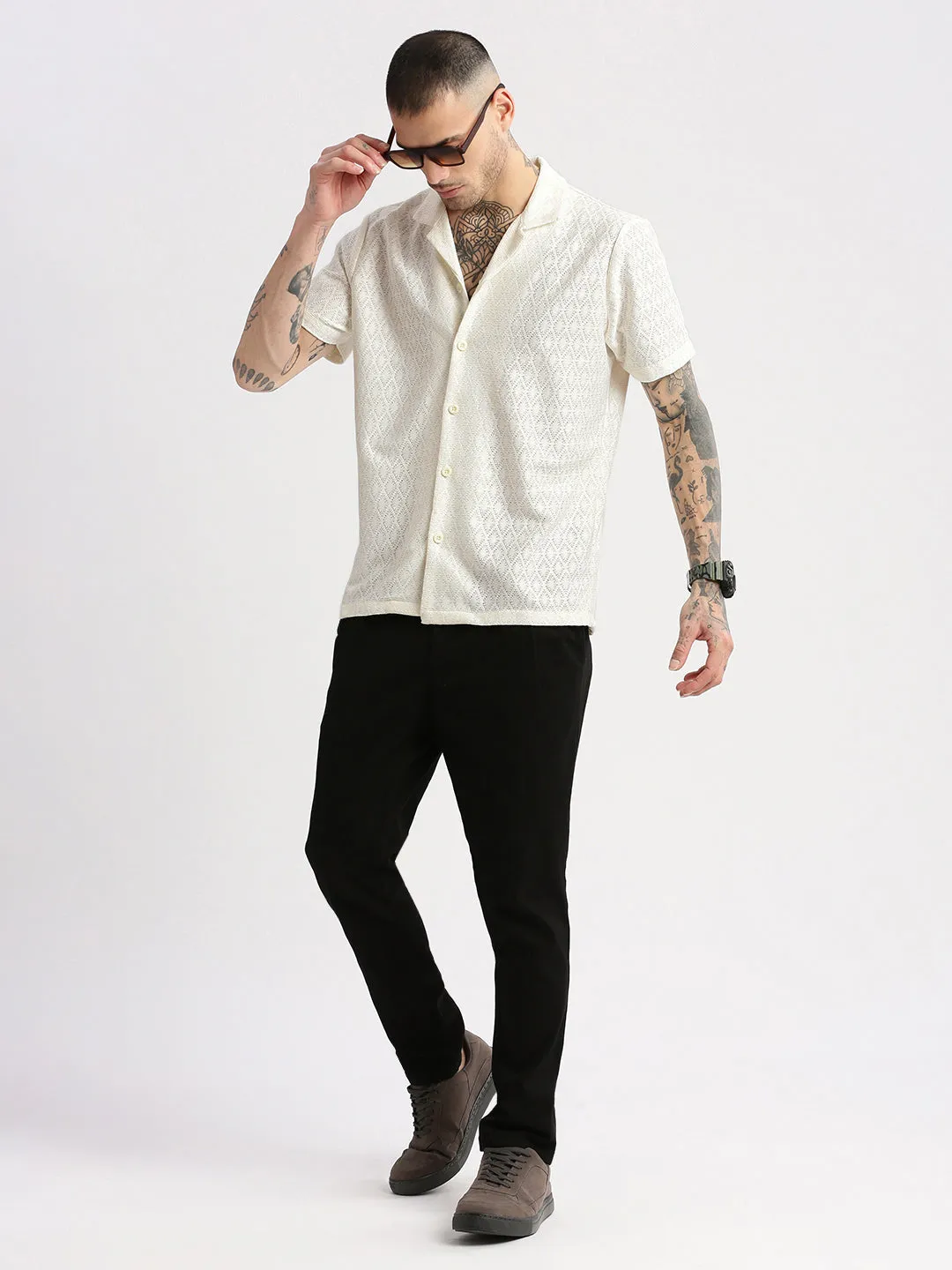 Men Cuban Collar Solid Cream Crochet Shirt