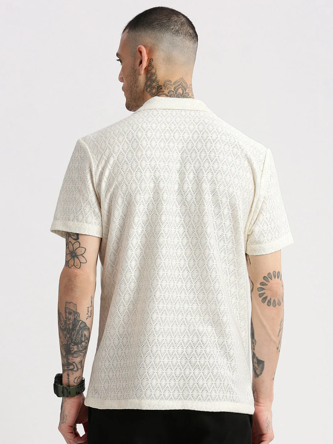 Men Cuban Collar Solid Cream Crochet Shirt